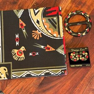 Vtg Handpainted Earrings With Matching Scarf/Wamcraft Southwest Pottery Design